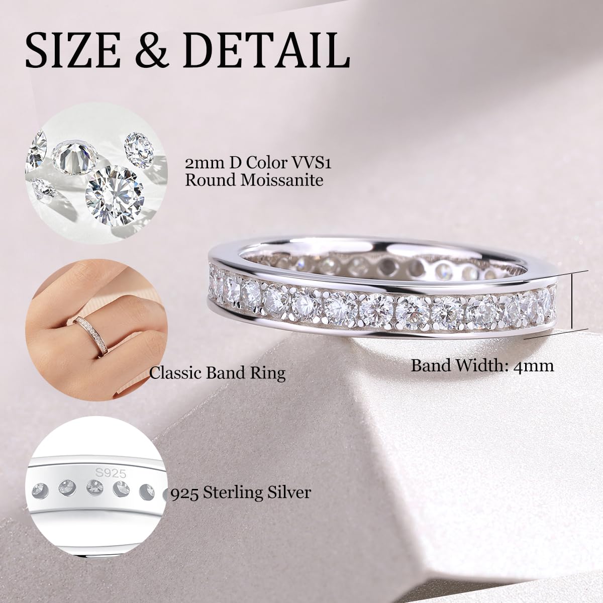 4mm Sterling Silver Full Eternity 2mm Round Moissanite Wedding Band Ring