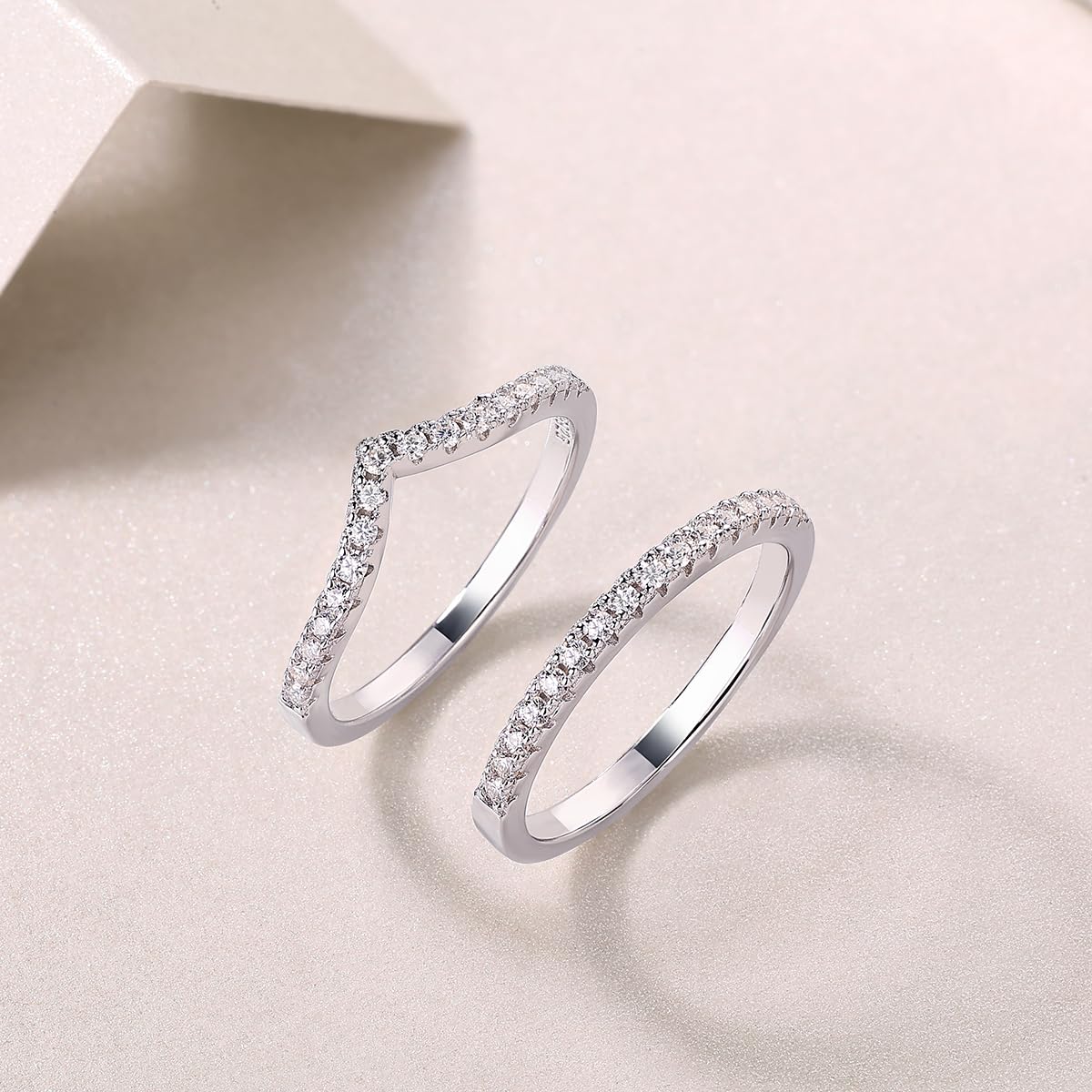 1.5mm Sterling Silver Moissanite Wedding Band Ring, 2Pcs Stackable V Shaped