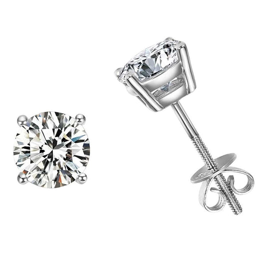 14K White Gold 2 Carats Round Moissanite Solitaire Four Prong Screw Back Stud Earrings