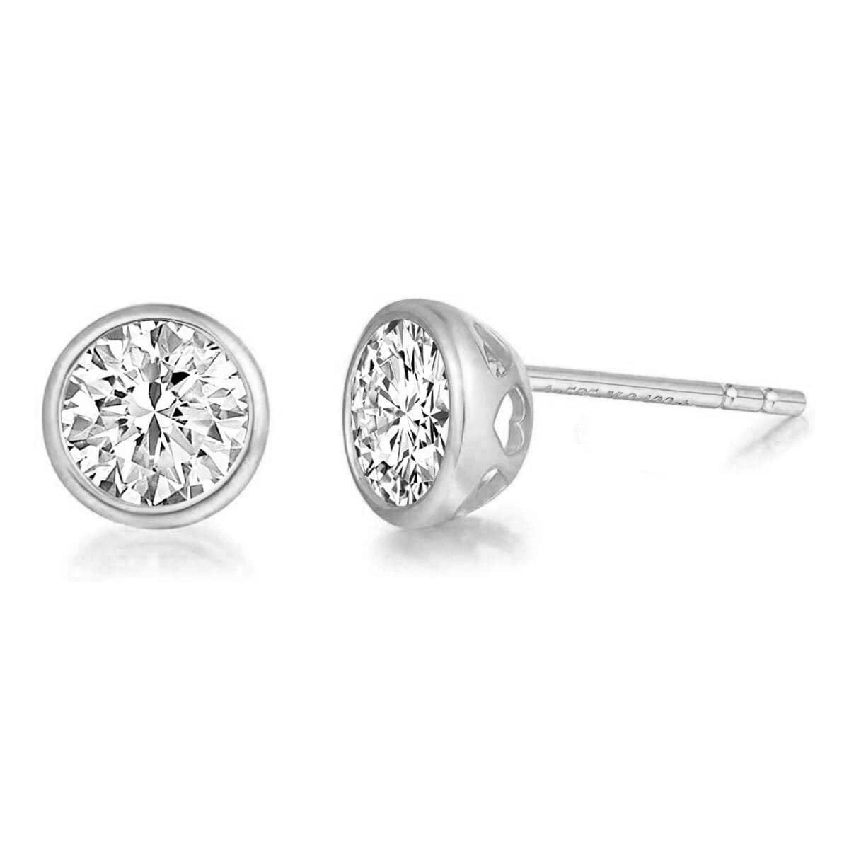 14K White Gold 1 Carat Classic Round Bezel Moissanite Solitaire Stud Earrings