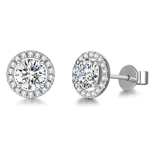 14K White Gold Round Moissanite Halo Stud Earrings