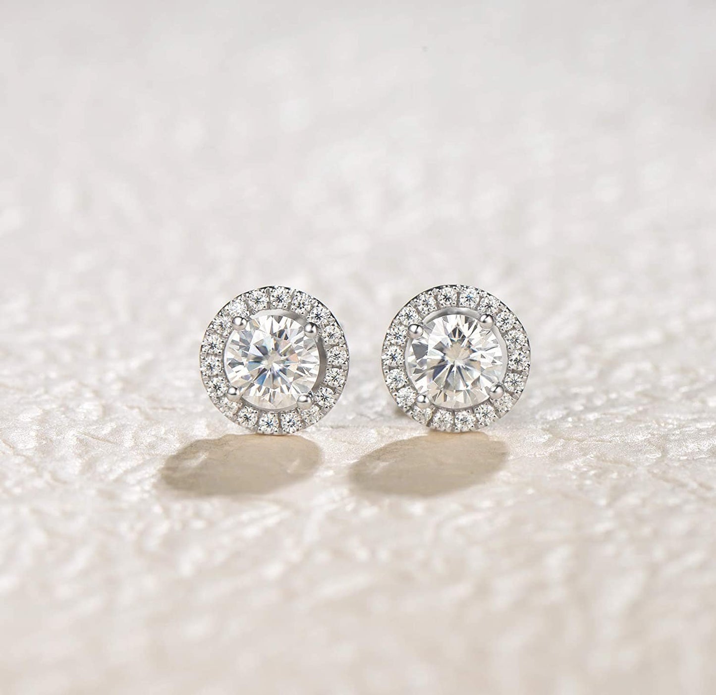 14K White Gold Round Moissanite Halo Stud Earrings