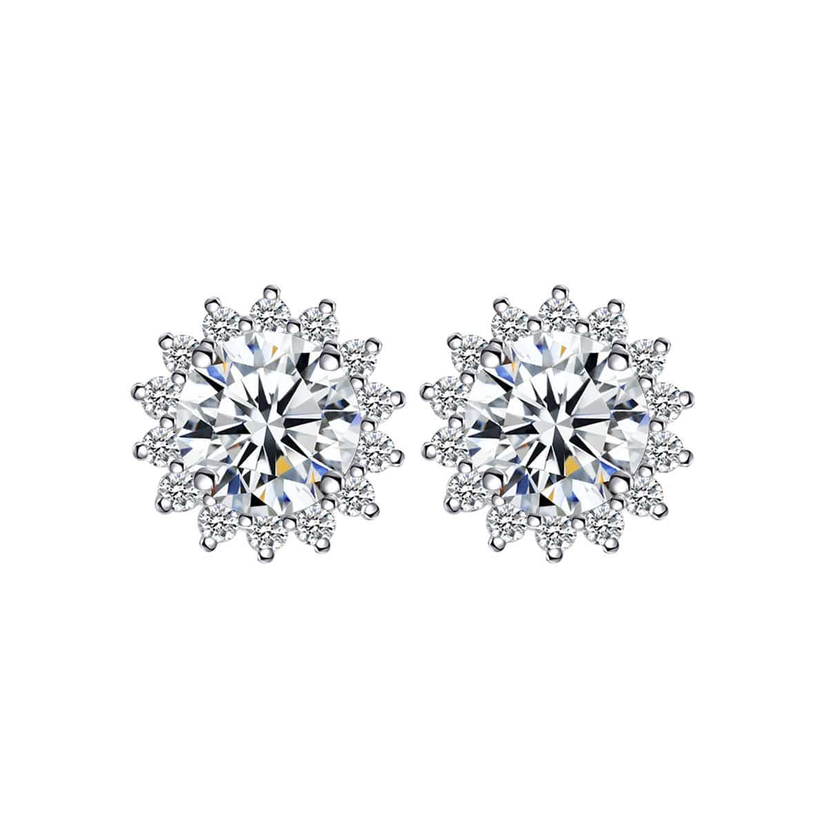 14K White Gold 2 Carats Round Moissanite Flower Stud Earrings