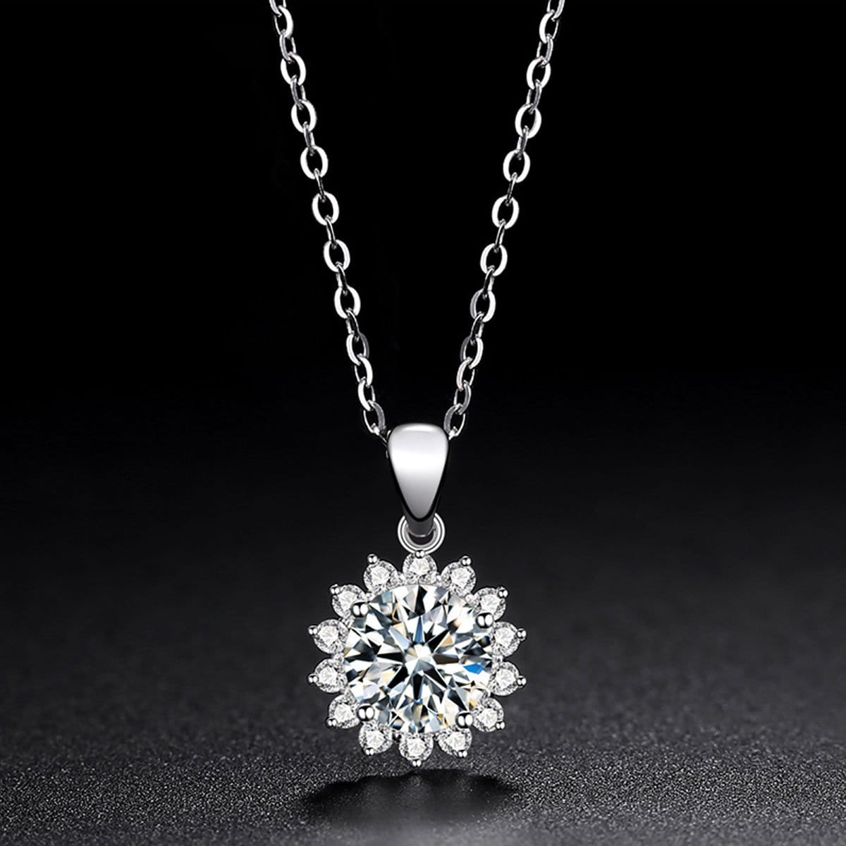 White Gold 1 Carat Round Moissanite Sunflower Pendant Necklace