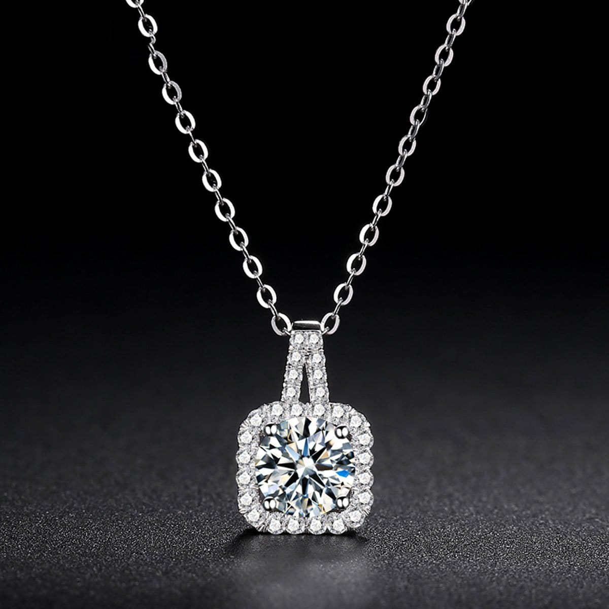 White Gold 1 Carat Round Moissanite Square Halo Pendant Necklace