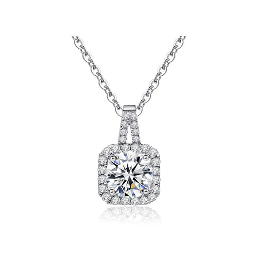 White Gold 1 Carat Round Moissanite Square Halo Pendant Necklace