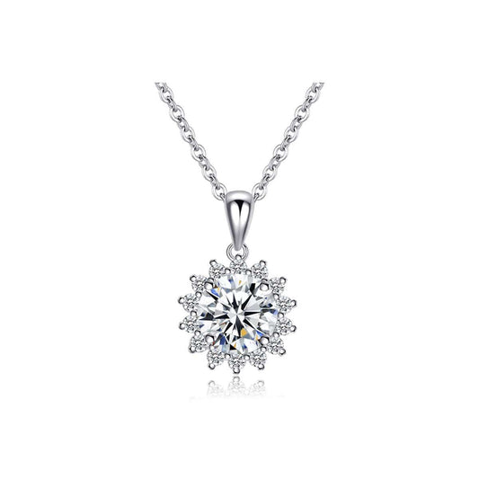 White Gold 1 Carat Round Moissanite Sunflower Pendant Necklace